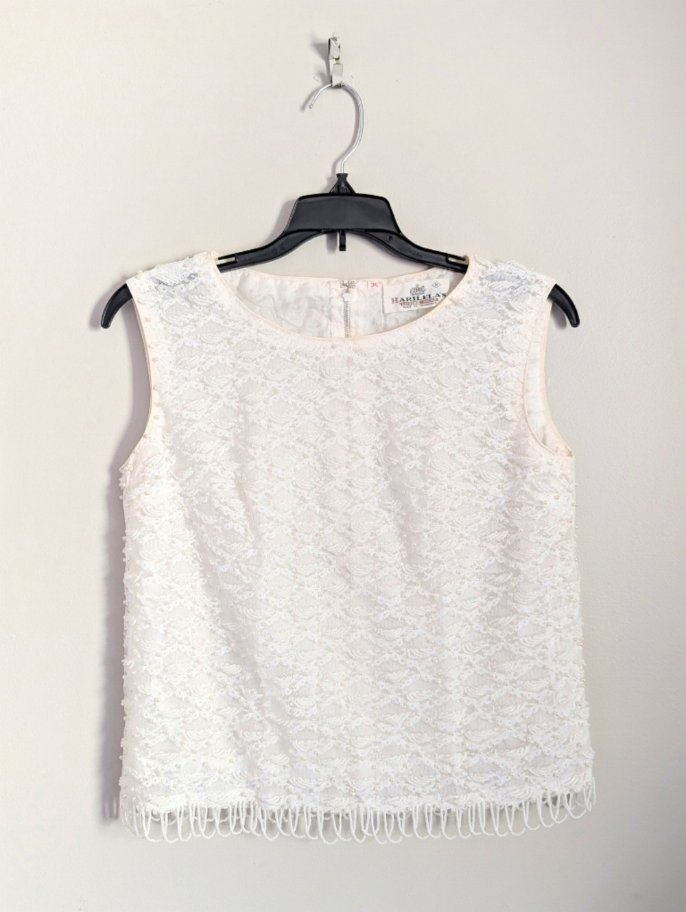 60s Vintage Harilela's Ivory Pearl Beaded Shell Cocktail Top with Fringe